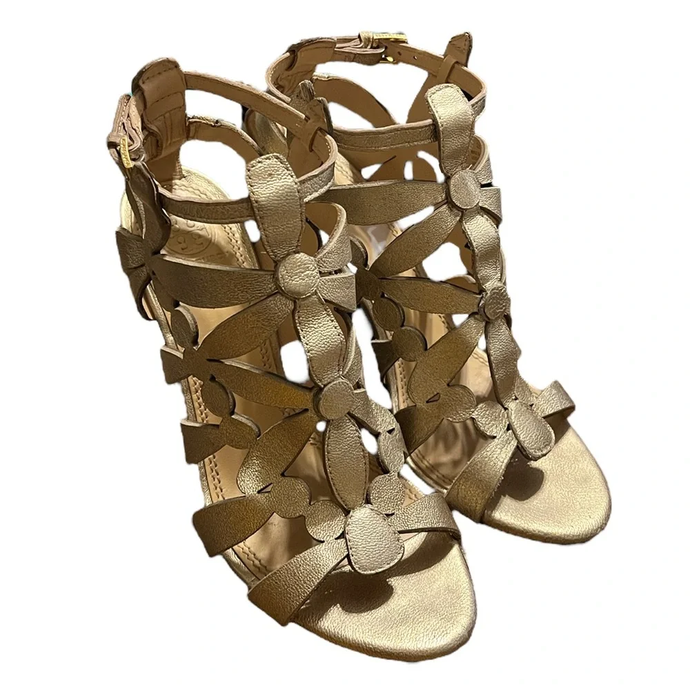 Tory Burch Gold Floral Wedge Sandals